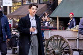 Timothee Chalamet is seen on the set of 'Marty Supreme' on October 9, 2024 in New York, New York