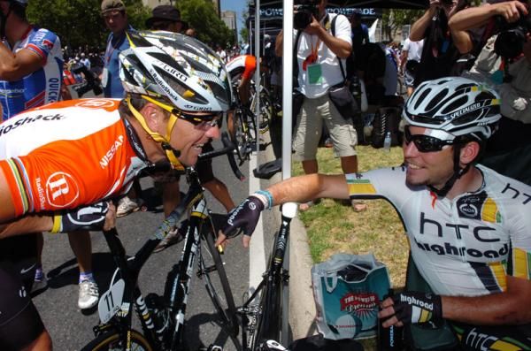 Lance Armstrong chats with Mark Cavendish