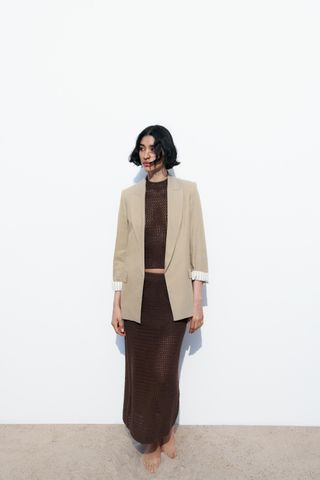 Linen Blend Roll Up Sleeve Open Front Blazer