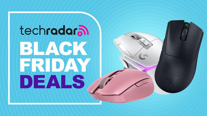 A selection of popular gaming mice on a blue background with concentric circles and a badge on the left containing techradar logo and text reading &quot;BLACK FRIDAY DEALS&quot;