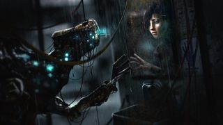 Official artwork showing a human and android separated by a glass screen in Soma.