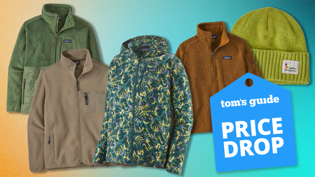 a composite image on a blue and orange background with four patagonia jackets and a patagonia hat with a tom's guide price drop tag