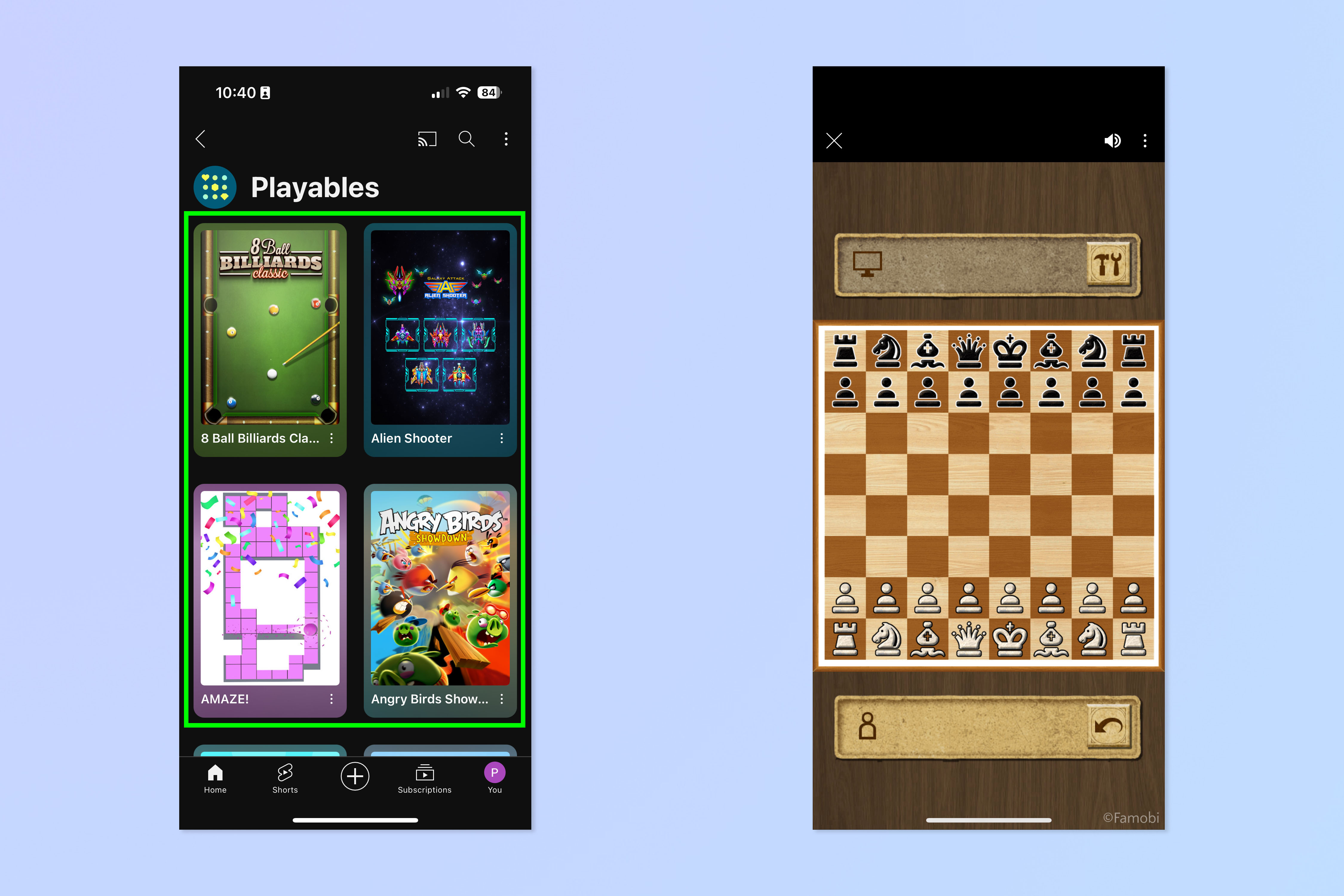 A screenshot showing how to play games on YouTube mobile app