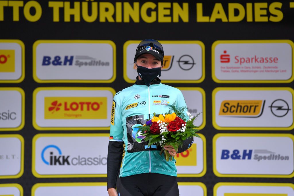 SCHMOLLN GERMANY MAY 25 Liane Lippert of Germany and Team DSM Green Mountain Jersey celebrates at podium during the 34th Internationale LOTTO Thringen Ladies Tour 2021 Stage 1 a 899km stage from Schmolln to Schmolln ltlt2021 lottothueringenladiestour womencycling on May 25 2021 in Schmolln Germany Photo by Luc ClaessenGetty Images