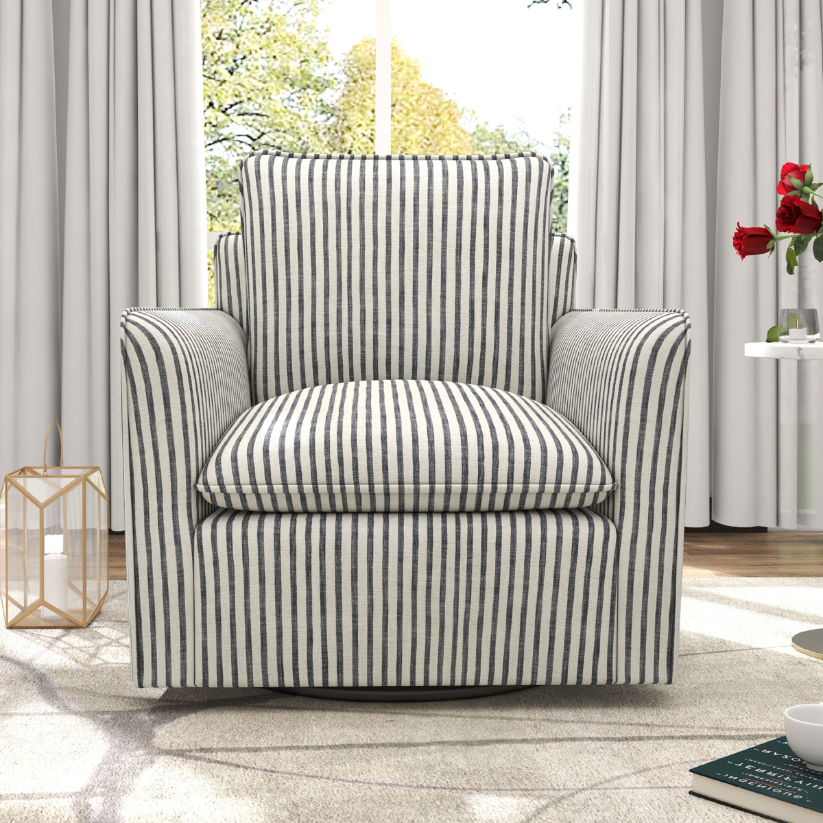 Ivy Bronx Kandyn 29.7" W Modern Soft Stripe Upholstered Swivel Barrel Chair With Removable Cushion &amp;amp; Reviews | Wayfair