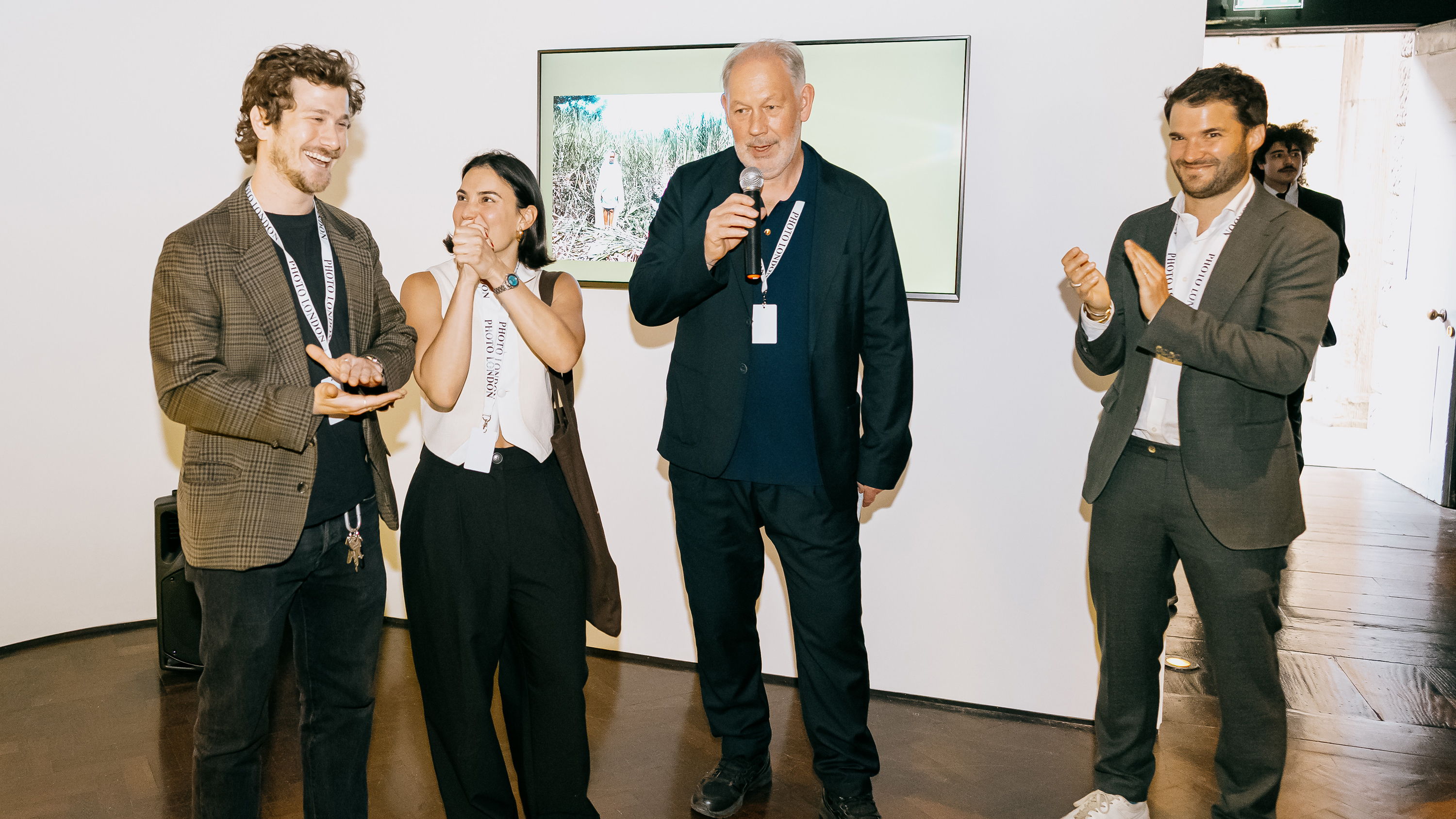 From left to right: a representative of the BETA Contemporary gallery standing in for Gabriel Pinto, Silvana Trevale, Photo London Founder Michael Benson, and Marketing Director for Nikon Northern Europe Julian Harvie