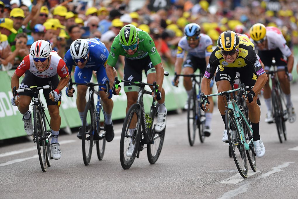 Caleb Ewan, Peter Sagan and Dylan Groenewegen fight to the line at the end of stage 7 at the Tour de France