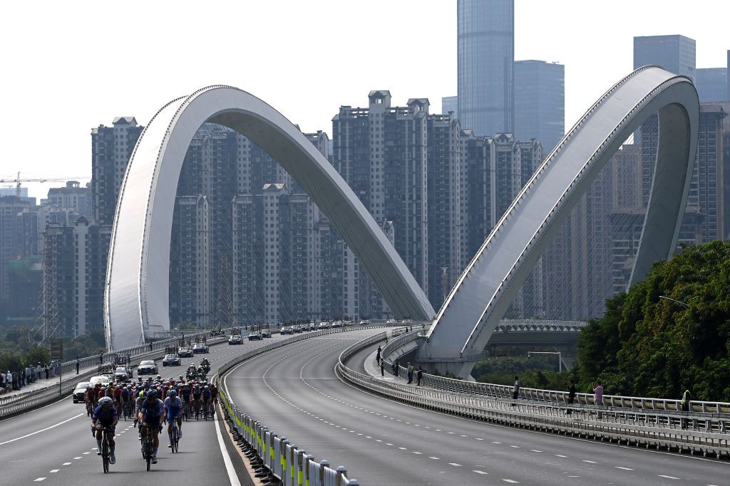 NANNING CHINA OCTOBER 15 A general view of the peloton passing through Nanning city during the 4th GreeTour of Guangxi 2023 Stage 4 a 1614km stage from Nanning to Nongla 644m UCIWT on October 15 2023 in Nanning China Photo by Tim de WaeleGetty Images
