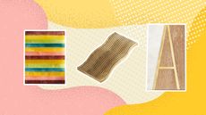 A selection of serving boards on pink and yellow background