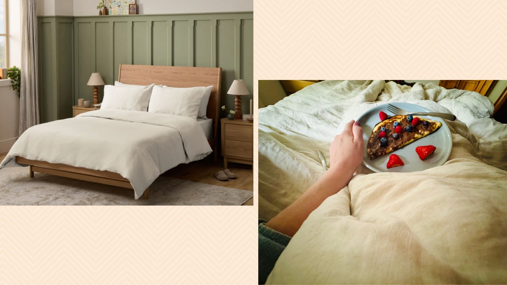 A press shot of Simba's Cool Linen bedding set alongside a shot of writer Heidi Scrimgeour holding a plate of pancakes while sitting in bed during the testing period