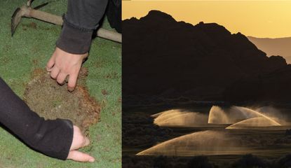 Golfers pour cement into a golf hole