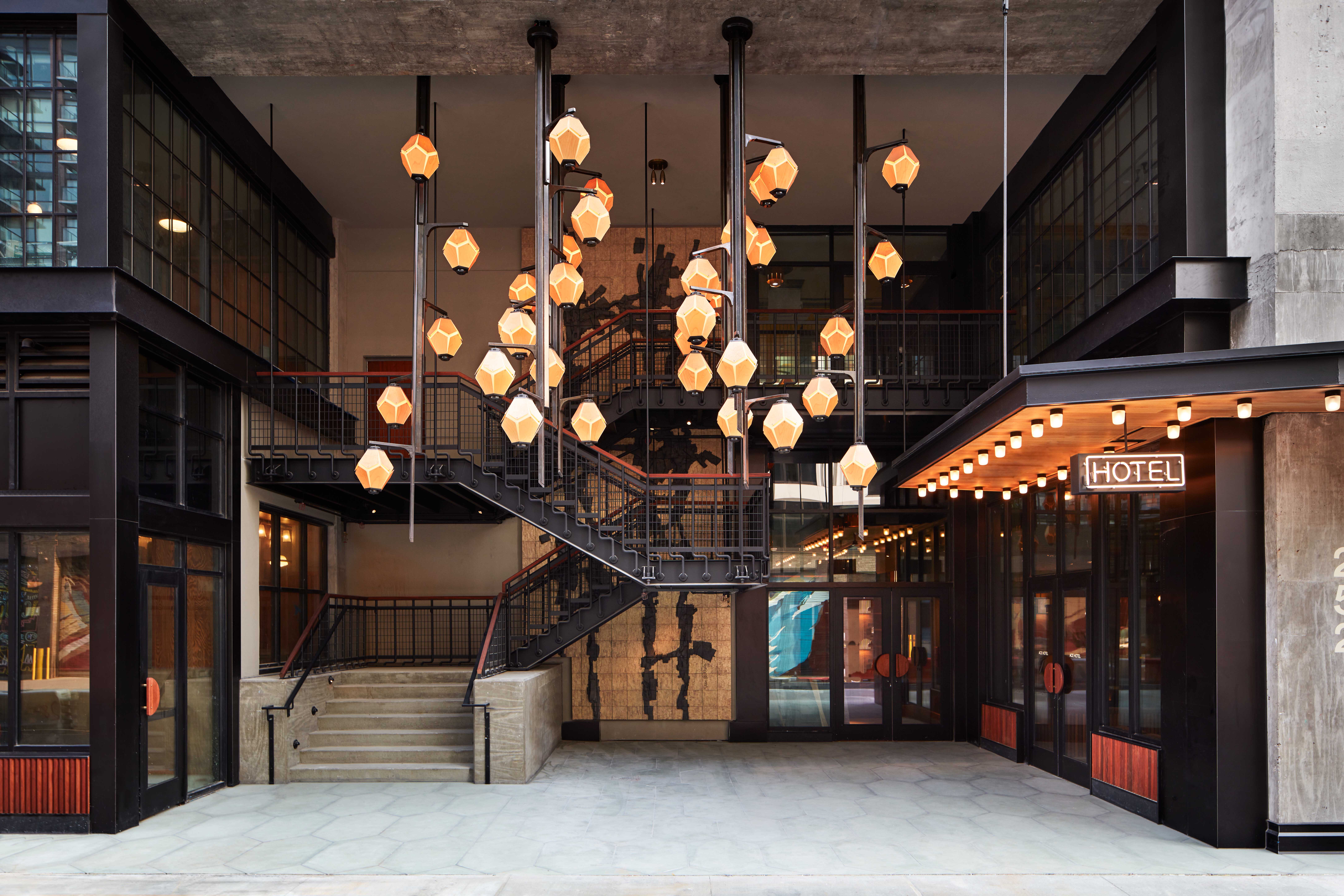 Brutalist-style hotel interior with mid-century furniture 