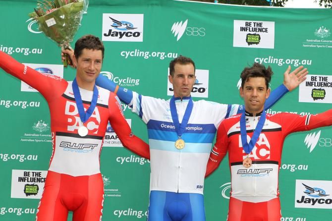 The men's podium: Will Clarke (Drapac), Joe Cooper, Lachlan Norris (Drapac)