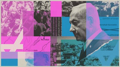Photo composite illustration of Benjamin Netanyahu and scenes from Palestine and Lebanon