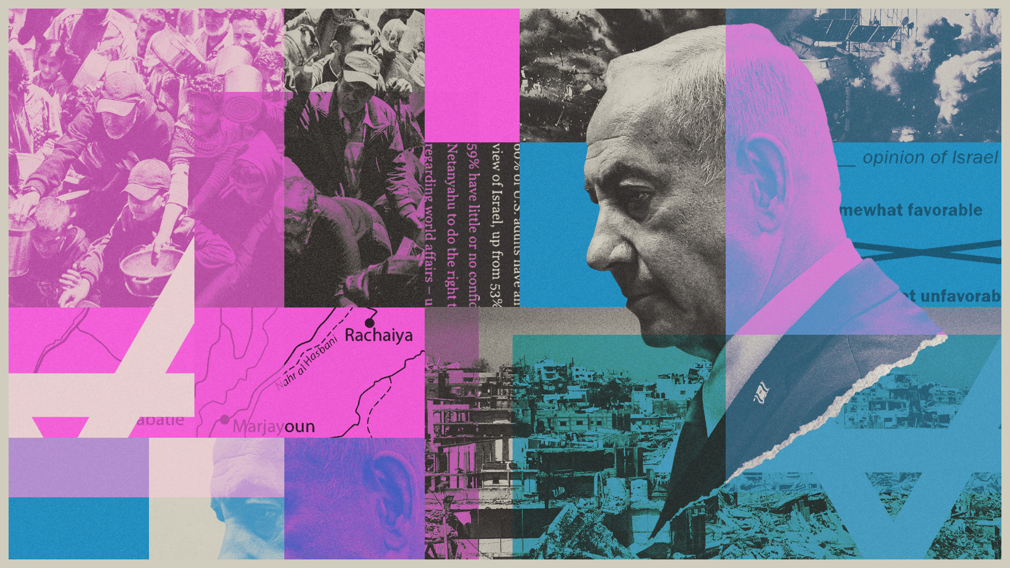 Photo composite illustration of Benjamin Netanyahu and scenes from Palestine and Lebanon