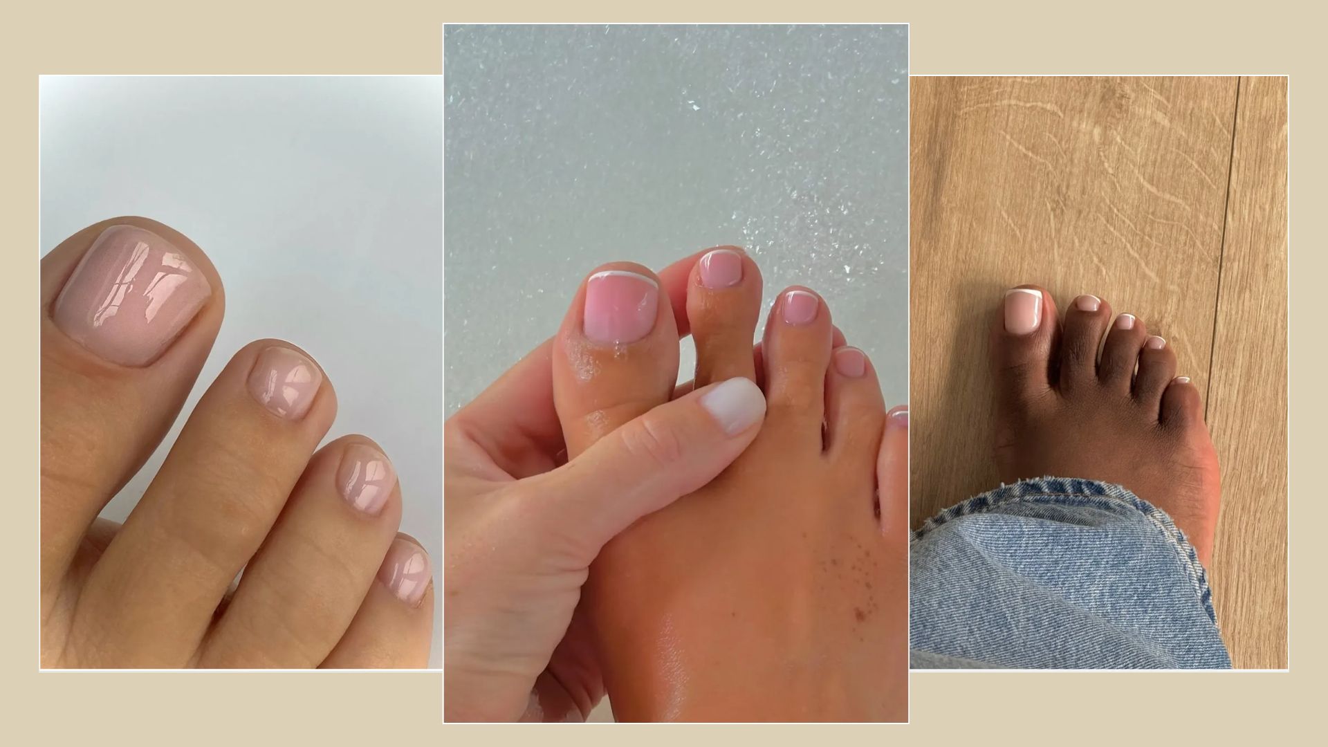 A collage of high-shine clear pedicures