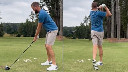 PGA Tour player Chris Kirk swings left-handed in a split screen image