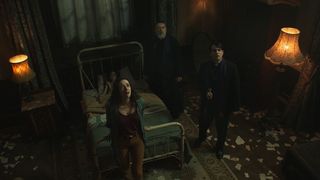 Henry (Peter DeSouza-Feighoney), Father Gabriele Amorth (Russell Crowe), Father Esquibel (Daniel Zovatto) and Julia (Alex Essoe) in The Pope's Exorcist