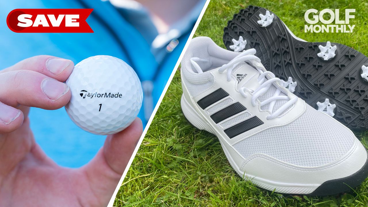 A golfer holds the TaylorMade RBZ Soft Golf Ball, with the other image showing the Adidas Tech Response 2.0 Golf Shoes