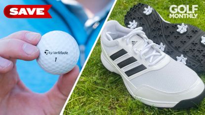 A golfer holds the TaylorMade RBZ Soft Golf Ball, with the other image showing the Adidas Tech Response 2.0 Golf Shoes