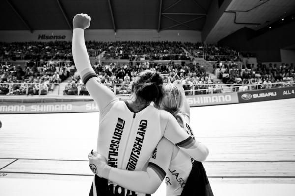 Germany's Miriam Welte and Kristina Vogel celebrate their victory