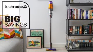 Dyson V12 Detect Slim vacuum in a lounge, with Big Savings graphic