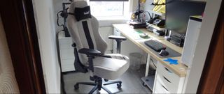 light gray boulies master gaming chair in small home office