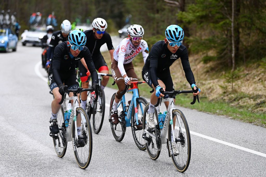 ALPBACH AUSTRIA APRIL 17 LR Andrea Garosio of Italy and EoloKometa Cycling Team Moran Vermeulen of Austria and Team Austria Valentin ParetPeintre of France and Ag2R Citron Team and Alex Martin of Spain and EoloKometa Cycling Team compete in the breakaway during the 46th Tour of the Alps 2023 Stage 1 a 1275km stage from Rattenberg to Alpbach 984m on April 17 2023 in Alpbach Austria Photo by Tim de WaeleGetty Images