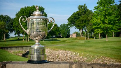 The Wanamaker Trophy at Oak Hill in Rochester, New York, ahead of the 2023 PGA Championship