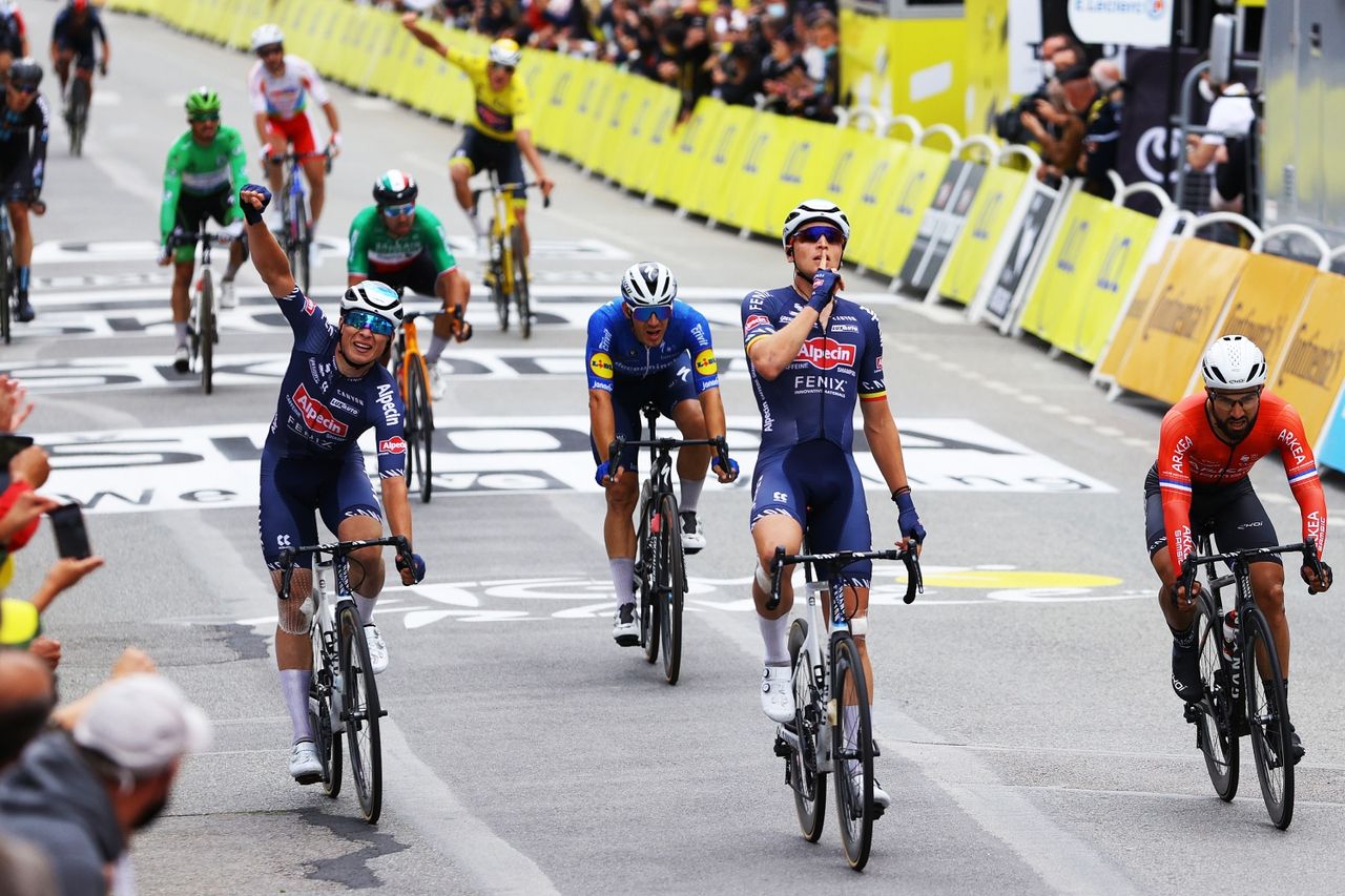 PONTIVY, FRANCE - JUNE 28: Tim Merlier of Belgium and Team Alpecin-Fenix stage winner celebrates at arrival, Jasper Philipsen of Belgium and Team Alpecin-Fenix, Nacer Bouhanni of France and Team Ark&Atilde;&copy;a Samsic &amp; Davide Ballerini of Italy and Team Deceuninck - Quick-Step during the 108th Tour de France 2021, Stage 3 a 182,9km stage from Lorient to Pontivy / @LeTour / #TDF2021 / on June 28, 2021 in Pontivy, France. (Photo by Tim de Waele/Getty Images)
