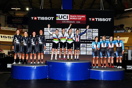 New Zealand, USA and Canada on the team pursuit podium