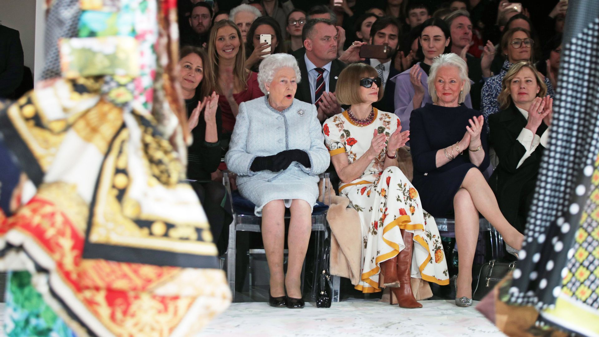 Queen Elizabeth, Anna Wintour and Angela Kelly at a fashion show