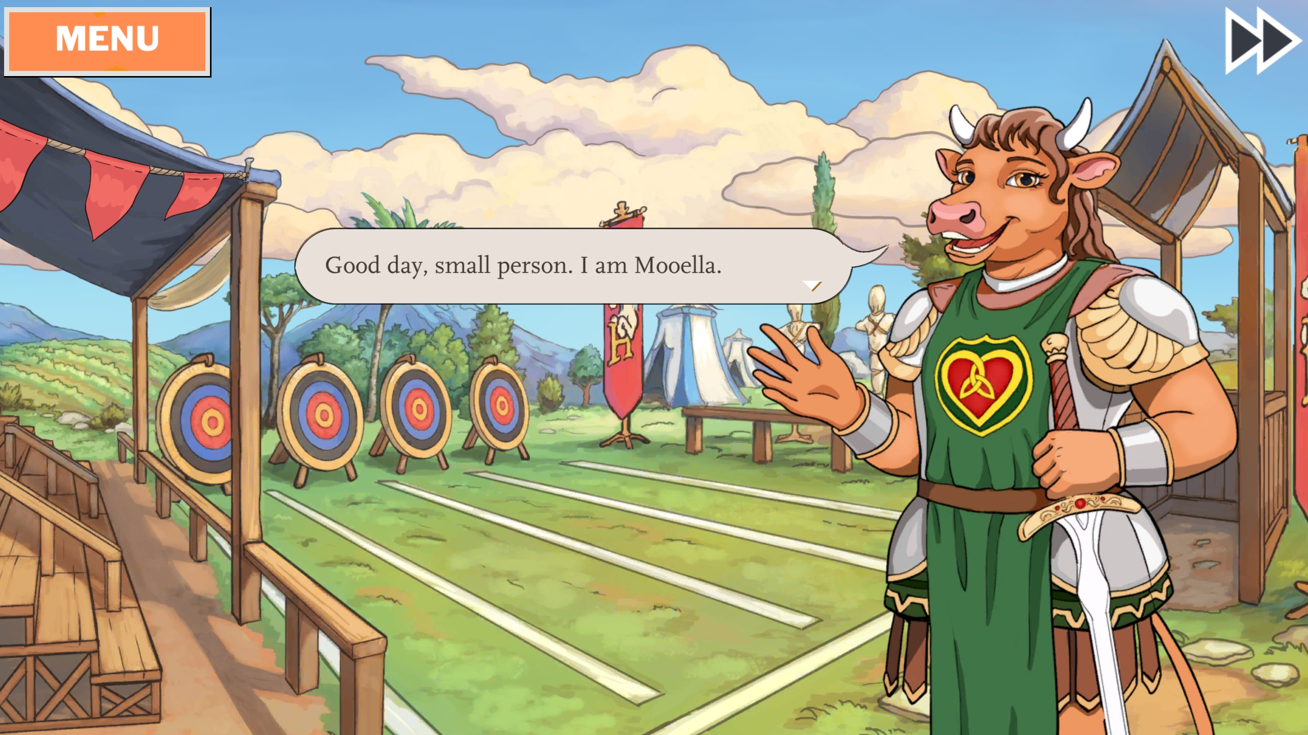 A minotaur paladin introduces herself as Mooella