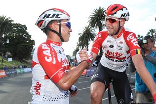 Caleb Ewan celebrates with Roger Kluge