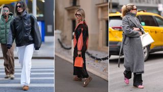 Three women wearing suede trainers