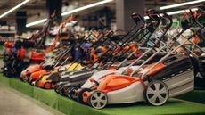 How much to spend on a lawn mower - a line of lawn mowers in a store