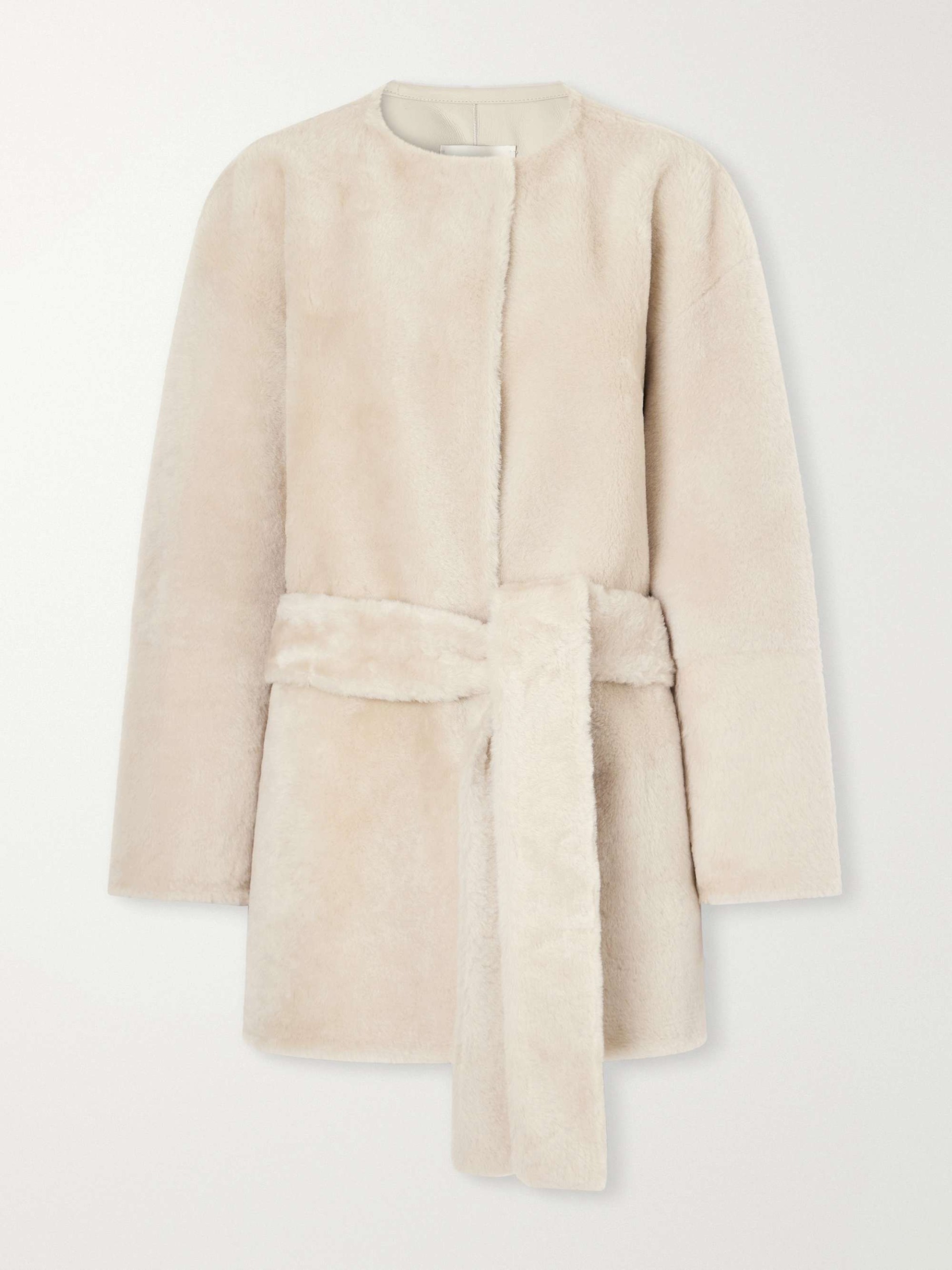 Sasha Collarless Belted Shearling Coat