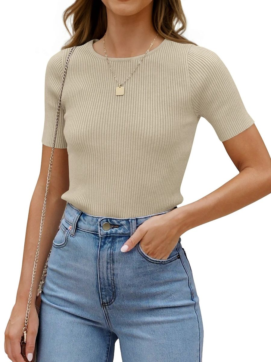 YOGAFOX, Yogafox Women's Short Sleeve Crewneck Summer Tee Shirt Ribbed Knit Slim Basic Solid Tops(almond-S)