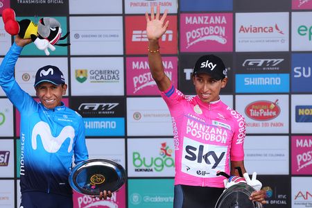 Egan Bernal waves from the podium