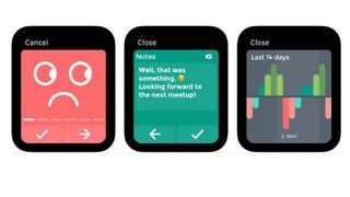 Skjermbilder fra appen Moodistory for Apple Watch.