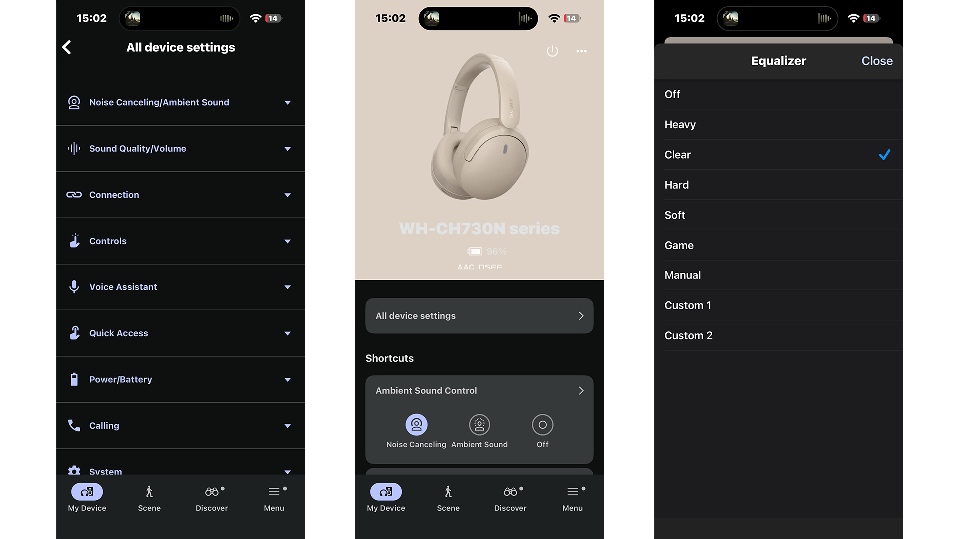 Sony WH-CH730N over-ear headphones app on three smartphone screens