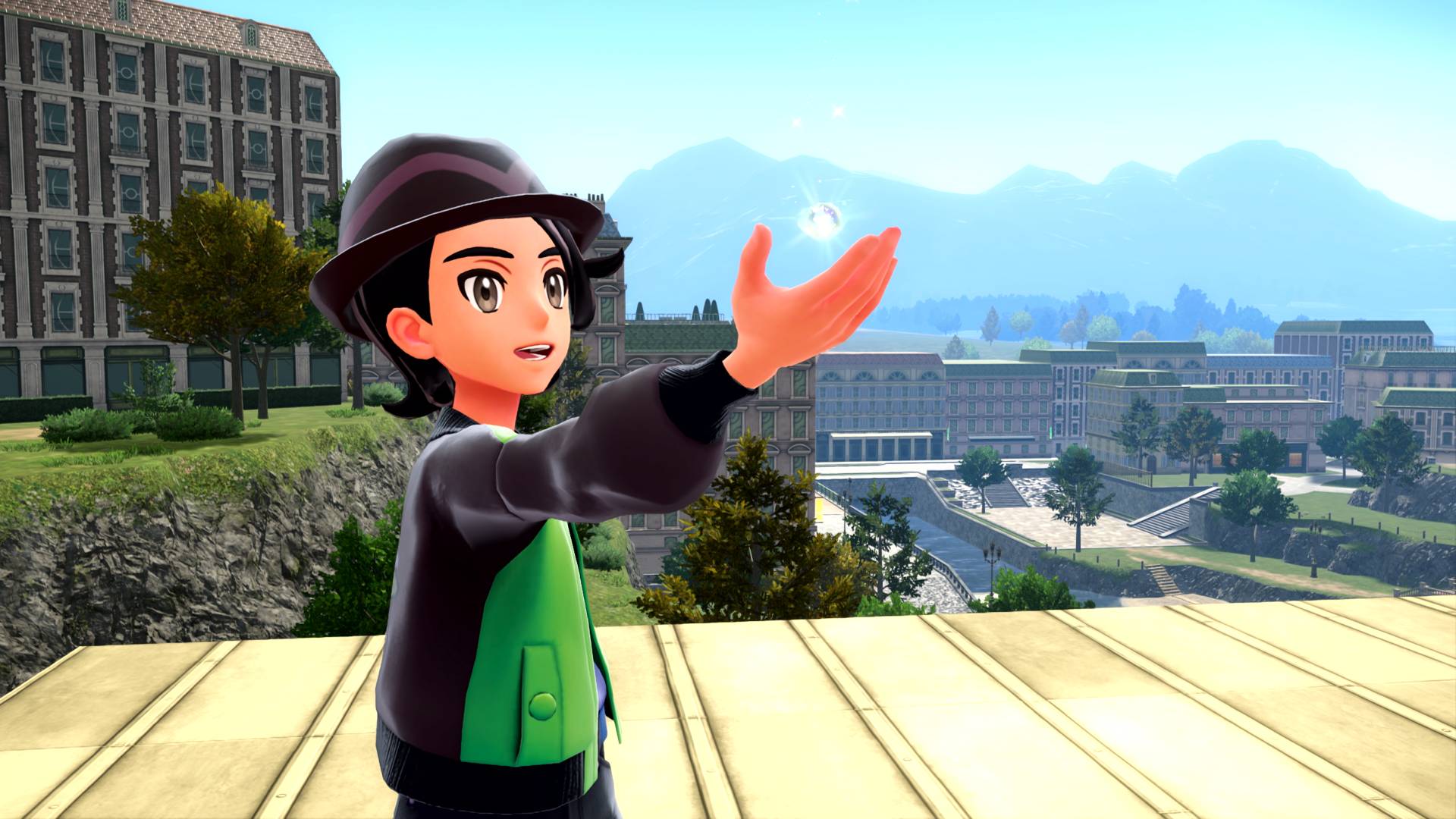Pokemon Legends: ZA screenshot of the protagonist trainer holding his hand out towards a mysterious small glowing orb