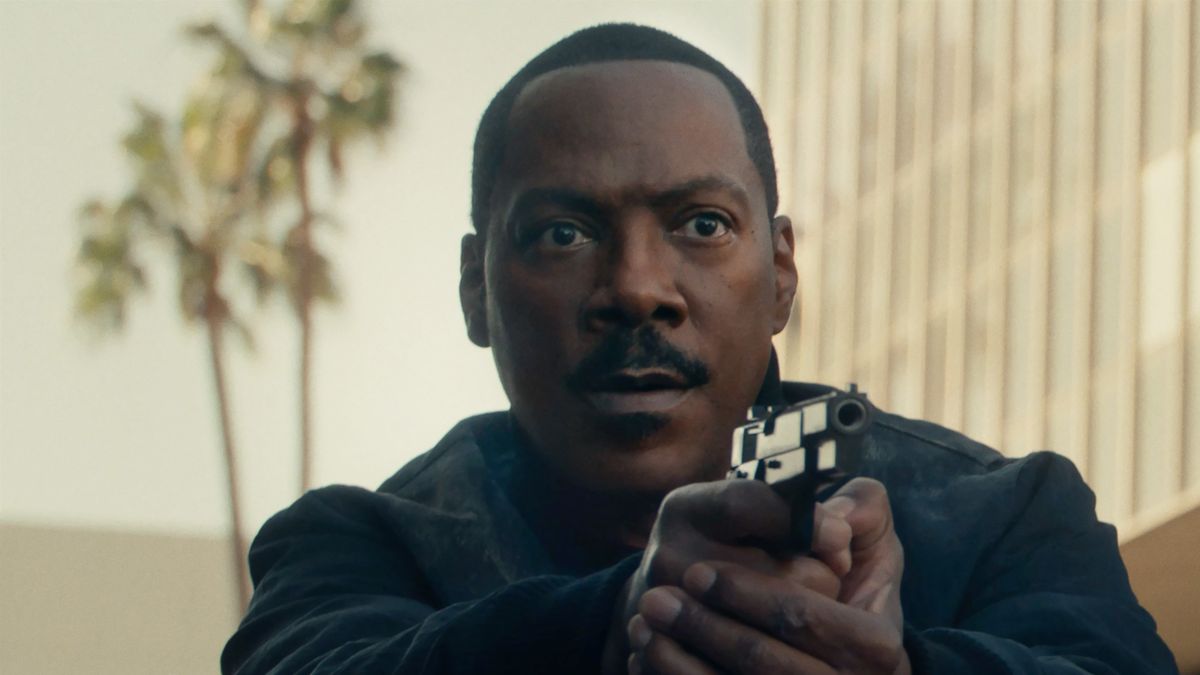 Eddie Murphy as Axel Foley holding a gun in Beverly Hills Cop: Axel F