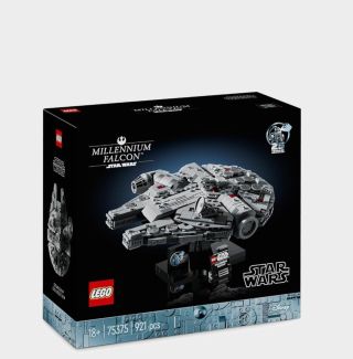 The Lego Millennium Falcon box on a plain background