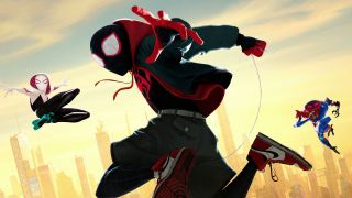 Spider-Man: Into the Spider-Verse key art with three versions of Spider-Man