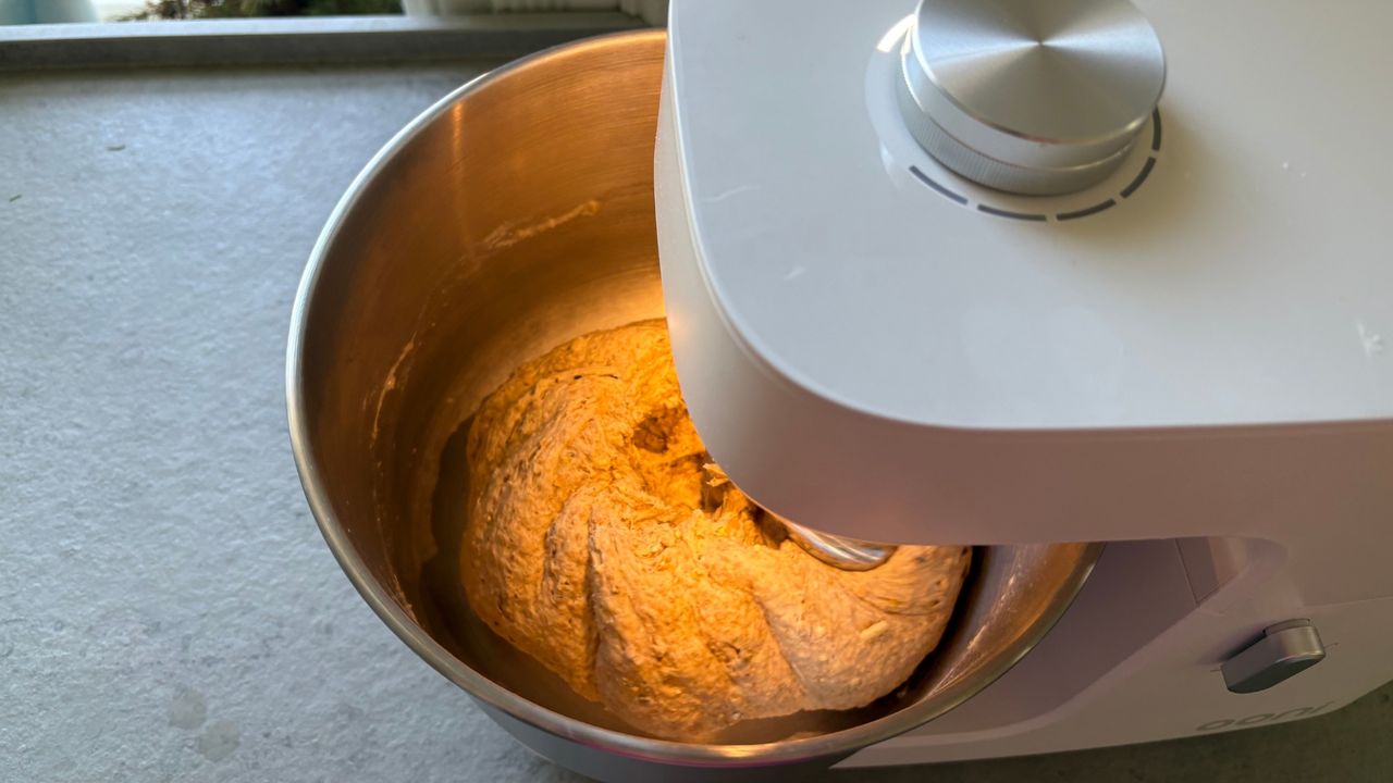 Testing the Ooni Halo Core Stand Mixer showing it mixing bread dough