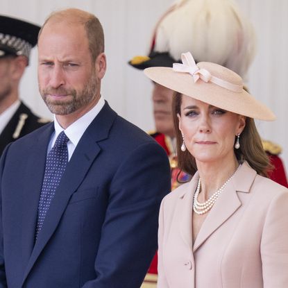 WINDSOR, ENGLAND - JULY 8: Prince William, Prince of Wales and Catherine, Princess of Wales during the formal welcome at the Royal Dais on July 8, 2025 in Windsor, England. President Emmanuel Macron and Mrs Brigitte Macron visit the UK in the first visit State Visit made by France in 17 years. They are staying at Windsor Castle, hosted by King Charles III and Queen Camilla, and a banquet will be held there in their honour. The Macrons will visit Imperial College, and the President will address Parliament during his stay. (Photo by Mark Cuthbert/UK Press via Getty Images)