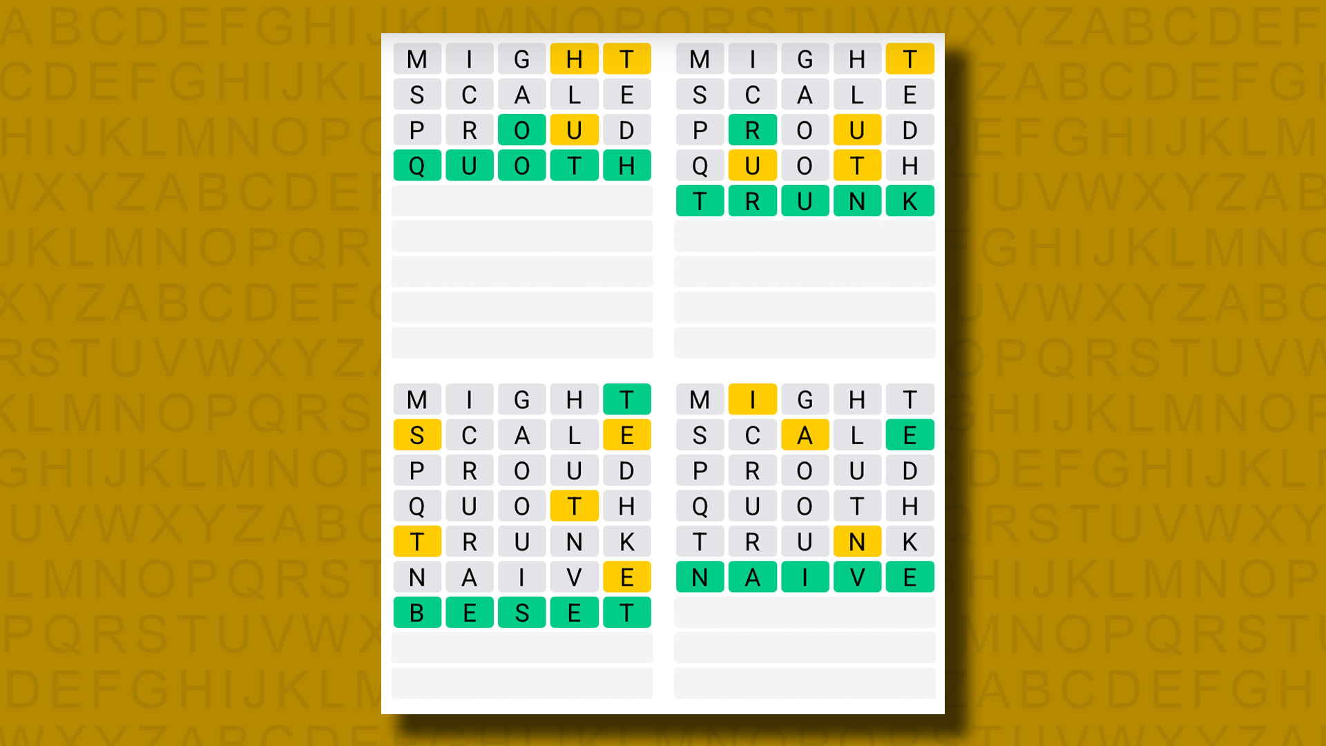 Quordle answers for game 1199 on a yellow background