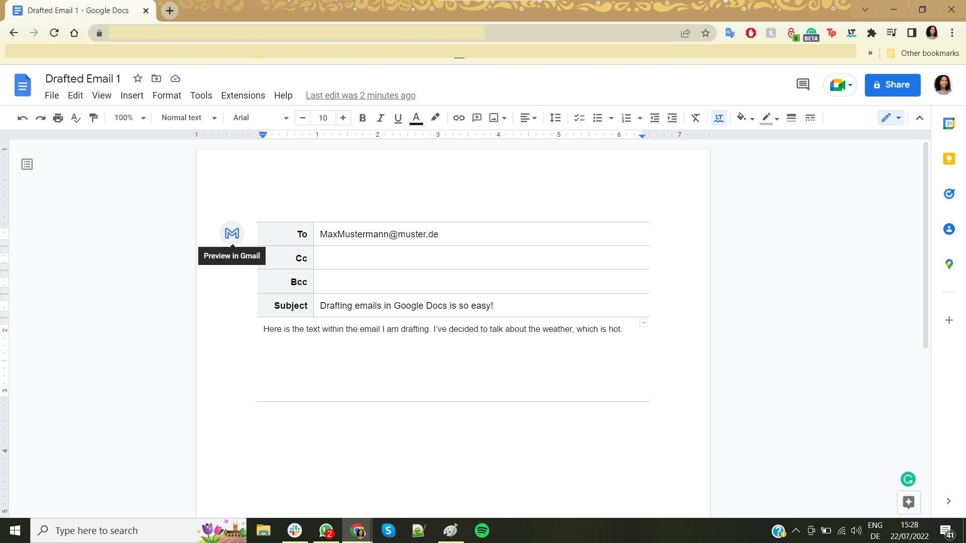 Writing a Gmail draft in Google Docs