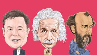 Karikaturen von Elon Musk, Albert Einstein und Gustav Klimt auf einem rosa Hintergrund
